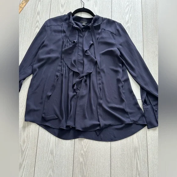 Ann Taylor Navy Ruffle Tie-Neck Blouse - Picture 1 of 7
